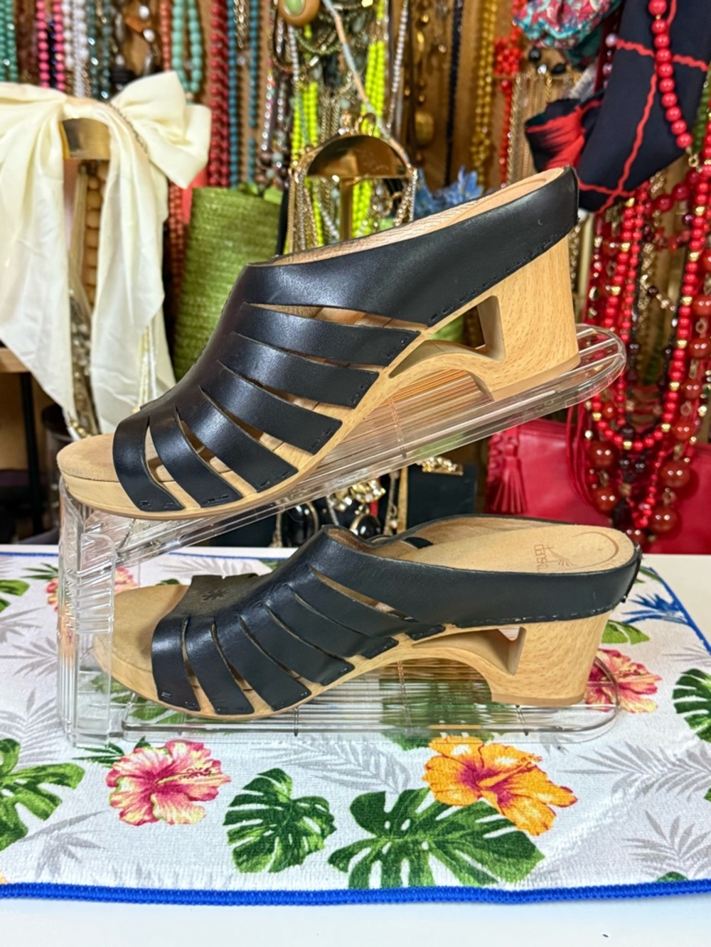 Dansko Tilly Black Leather Wedge Slip-On Sandals
